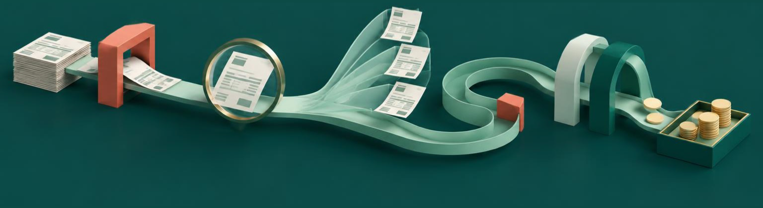 Illustration from the infographic: invoices pass through checks and decisions on their way to collected cash.